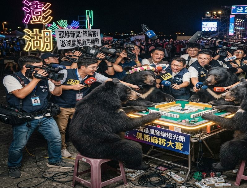 澎湖追風音樂燈光節揪團打麻將,台灣熊愛打麻將,彩虹橋大四喜,澎湖開桌,台灣黑熊突襲澎湖追風音樂燈光節,澎湖麻將樂園,澎湖必去摸牌景點,澎湖黑熊傳說,台灣黑熊麻將,台灣黑熊大鬧音樂祭現場